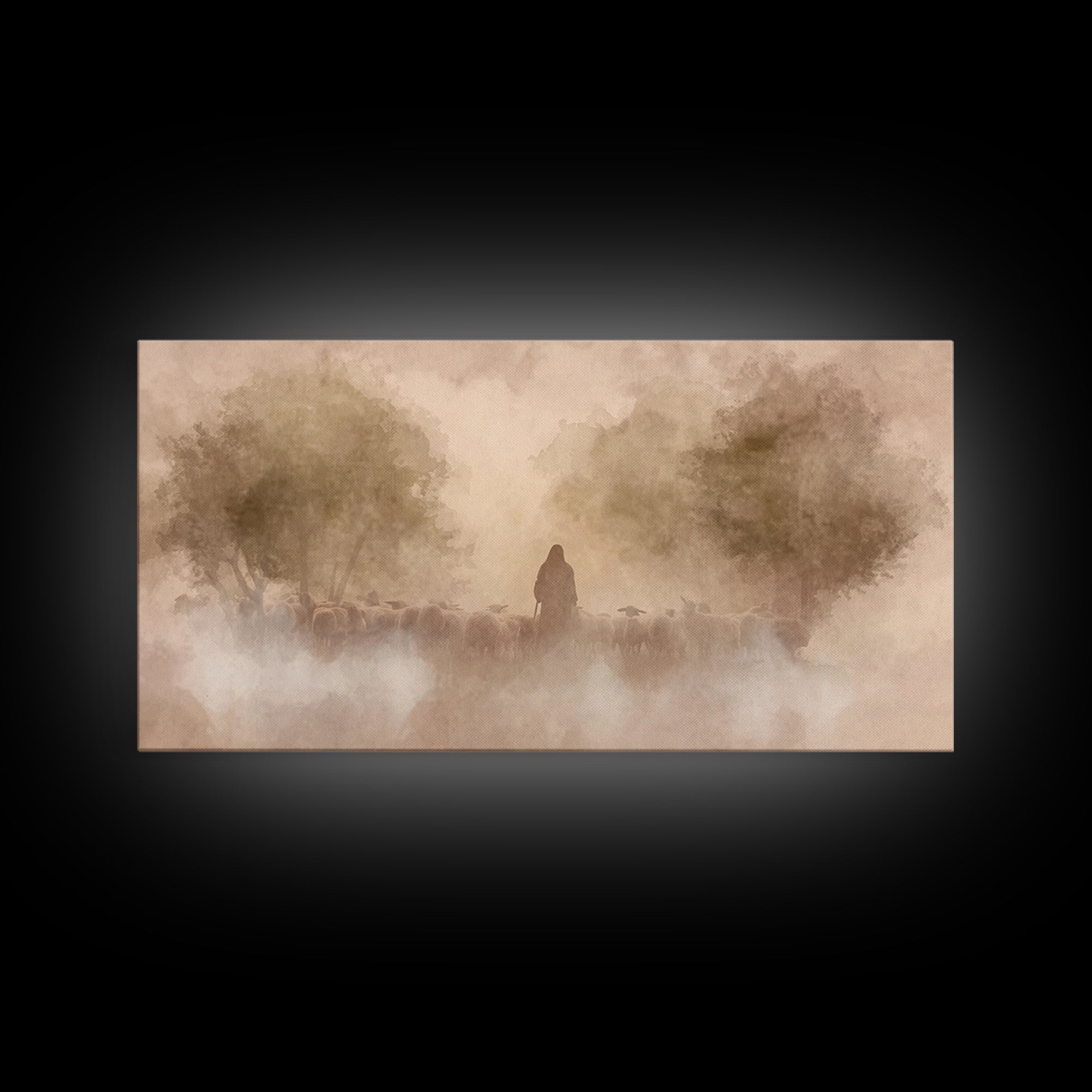 Shepherd’s Dawn Glow | Framed Canvas Print | Christian Art Canvas | Jesus Painting | Christian Wall Art | Moody Christian Art | Christmas W