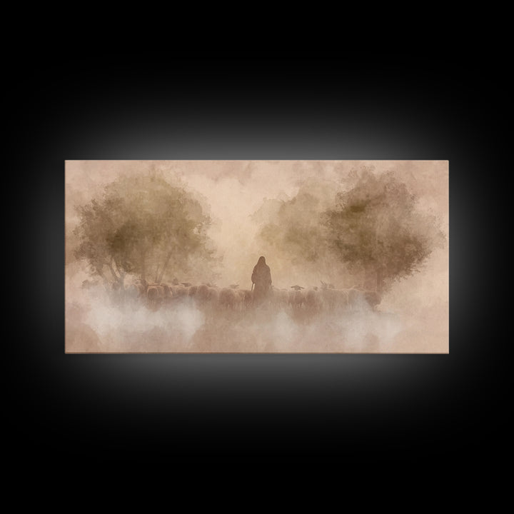 Shepherd’s Dawn Glow | Framed Canvas Print | Christian Art Canvas | Jesus Painting | Christian Wall Art | Moody Christian Art | Christmas W