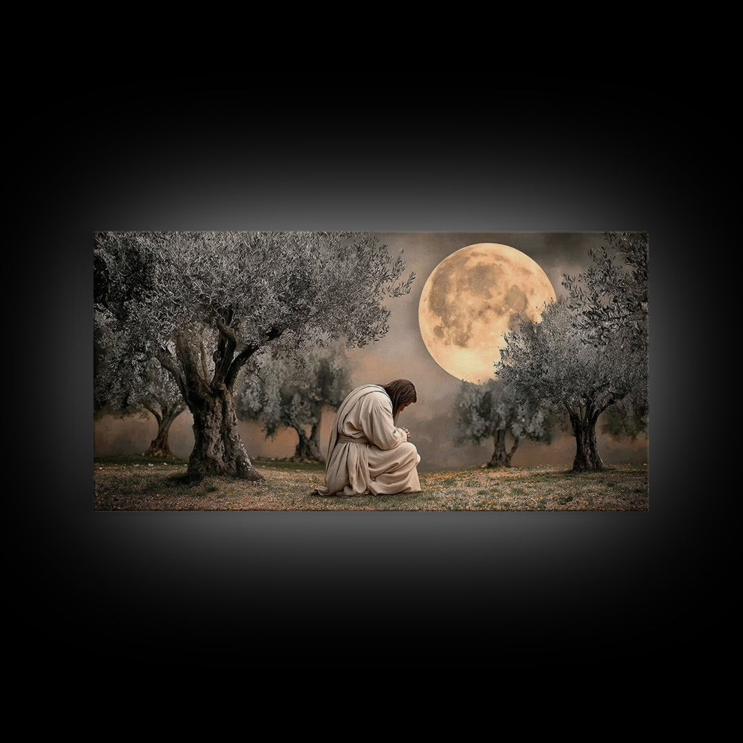 Moonlit Prayer – Framed Canvas Print | Christian Wall Art | Jesus Painting | Christian Art Canvas | Modern Christian Art | Christian Christ