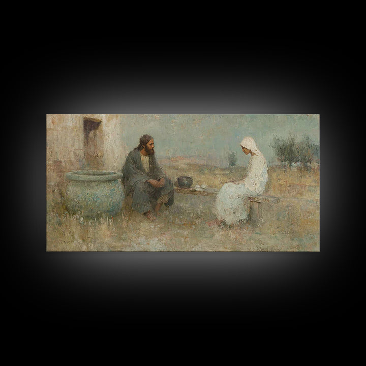 Quiet Well Encounter – Framed Canvas Print – Christian Art Canvas – Christian Painting – Subtle Christian Art – Christian Wall Art – Christ