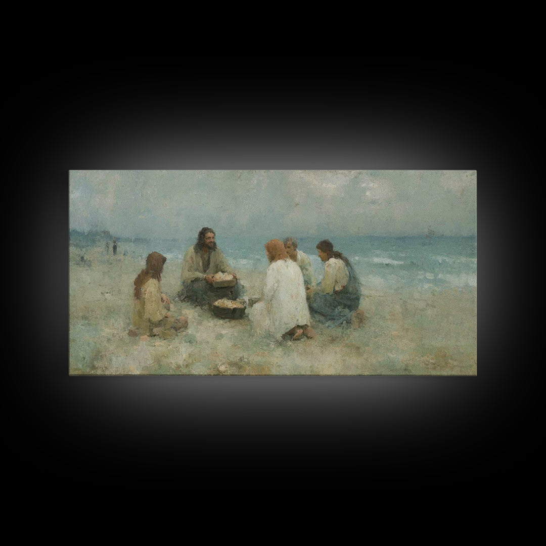 Shoreline Gathering – Framed Canvas Print – Christian Wall Art – Christian Art Canvas – Jesus Painting – Large Christian Art – Christian Gi