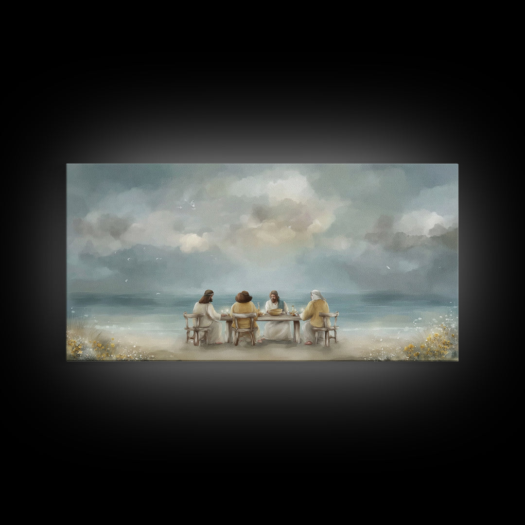 Seaside Supper, Framed Canvas Print, Christian Art Canvas, Christian Wall Art, Modern Christian Painting, Jesus Art Print, Christian Gift I