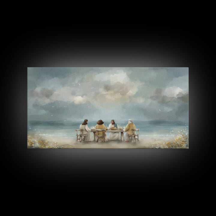 Seaside Supper, Framed Canvas Print, Christian Art Canvas, Christian Wall Art, Modern Christian Painting, Jesus Art Print, Christian Gift I