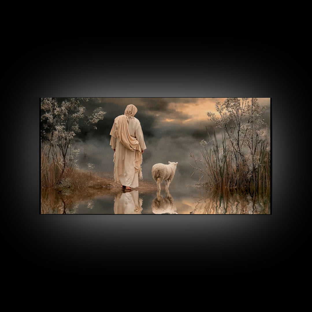Shepherd’s Reflection – Framed Canvas Print – Christian Art Canvas – Christmas Art – Jesus Painting – Christian Wall Art – Christian Decor