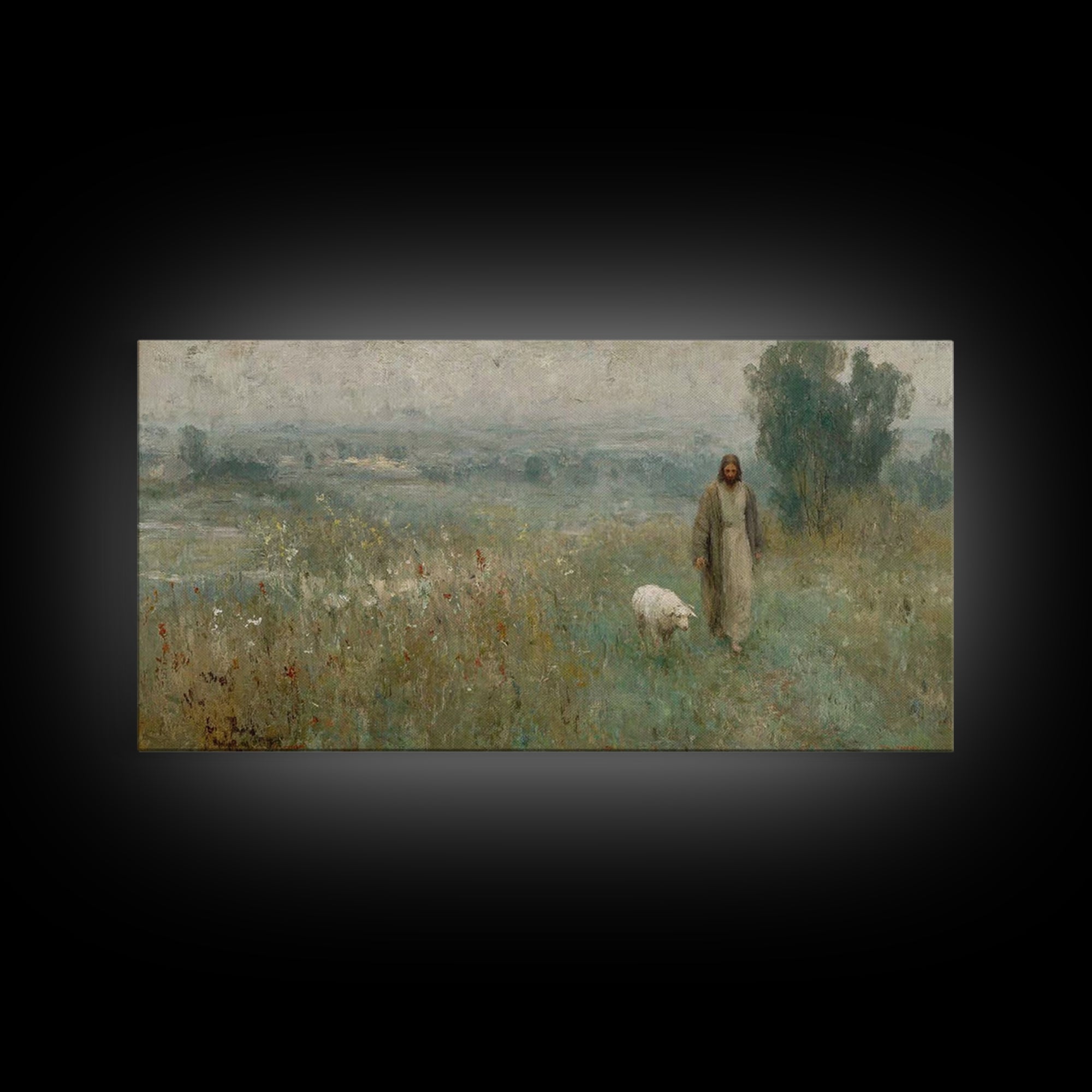 Misty Shepherd Journey – Framed Canvas Print – Christian Christmas Art – Christian Paintings – Jesus Art Print – Christian Art Canvas – Hop