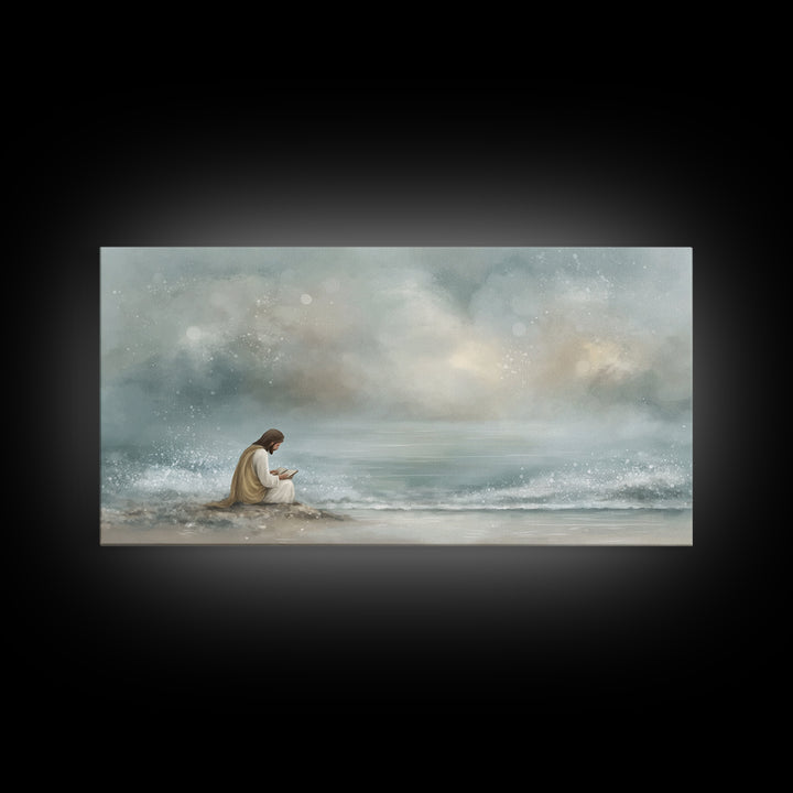 Shoreline Hope – Framed Canvas Print – Christian Art Canvas – Christian Wall Art – Jesus Painting – Minimalist Christian Art – Christian Gi