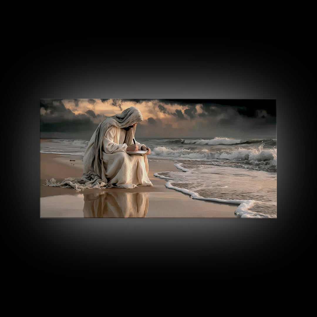 Shoreline Grace – Framed Canvas Print – Christian Wall Art – Jesus Painting – Modern Christian Art – Christian Christmas Art – Large Jesus