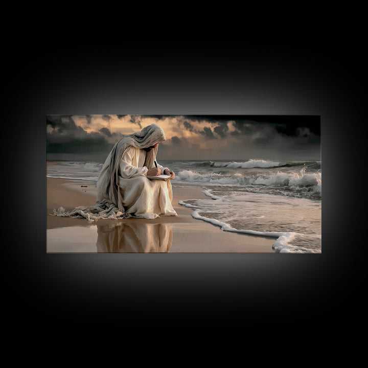 Shoreline Grace – Framed Canvas Print – Christian Wall Art – Jesus Painting – Modern Christian Art – Christian Christmas Art – Large Jesus