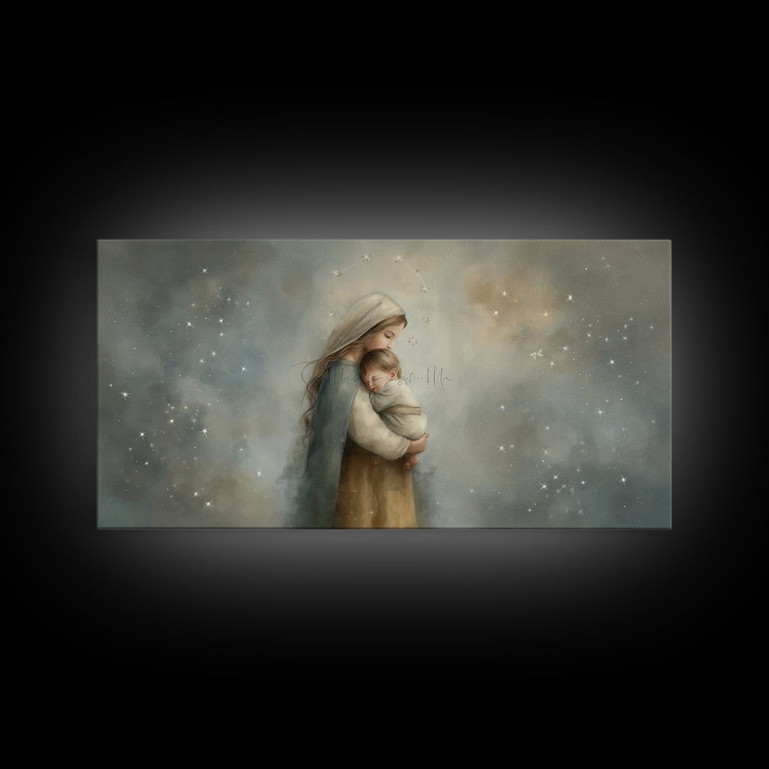 Starry Night Tenderness – Framed Canvas Print – Christian Christmas Art – Christian Art Gift – Mary and Jesus Painting – Christian Wall Art