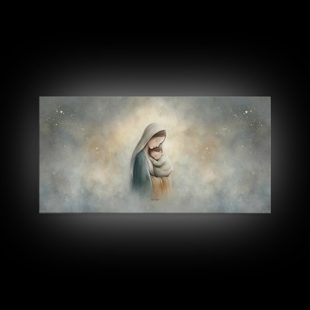 Sacred Embrace – Framed Canvas Print – Christian Art Canvas – Christian Wall Art – Jesus Painting – Christmas Art – Christian Christmas