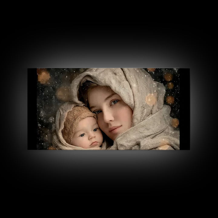 Winter Haven | Framed Canvas Print | Christian Wall Art | Christian Art Canvas | Mary And Jesus Painting | Christmas Art | Christian Art