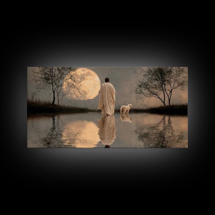 Moonlit Shepherd Calm – Framed Canvas Print – Christian Art Canvas – Christian Wall Art – Jesus Painting – Christian Christmas Art