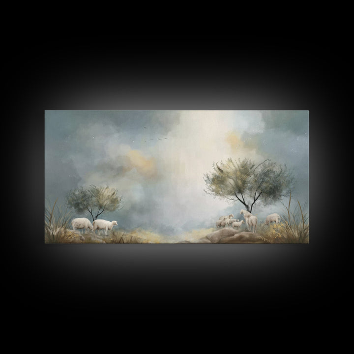 Sacred Pasture Stillness – Framed Canvas Print – Christian Art Print – Jesus Painting – Christian Wall Art – Christmas Canvas Wall Art – Ch