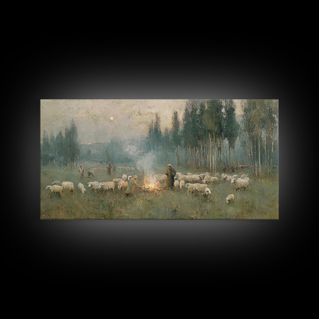 Dawn Of The Shepherds – Framed Canvas Print – Christian Christmas Art – Christian Wall Art – Jesus Painting – Christian Art Canvas – Christ