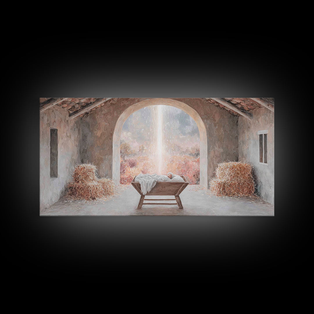 Blessed Manger Light – Framed Canvas Print – Christian Wall Art – Christian Art Canvas – Christmas Art – Christian Christmas Decor