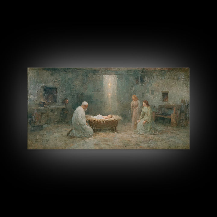 Nativity Reverence, Framed Canvas Print, Christian Paintings, Vintage Christian Art, Christian Wall Art, Christmas Art Framed