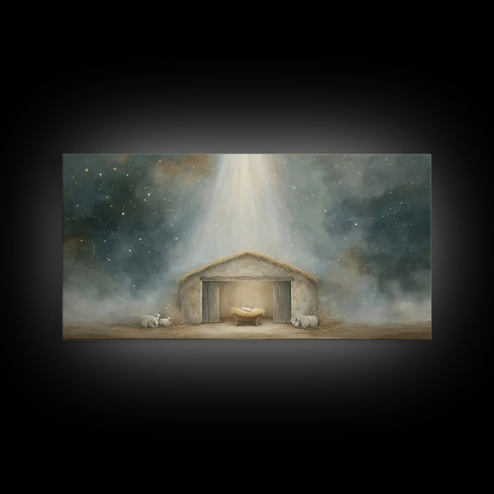 Starry Manger Peace – Framed Canvas Print – Christian Art Canvas – Christmas Art Prints – Christian Christmas Decor – Modern Christian Art