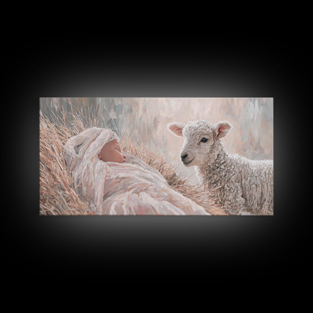Lamb and Child – Framed Canvas Print – Jesus Painting – Christian Wall Art – Christian Art Canvas – Christian Christmas Art – Christian Dec