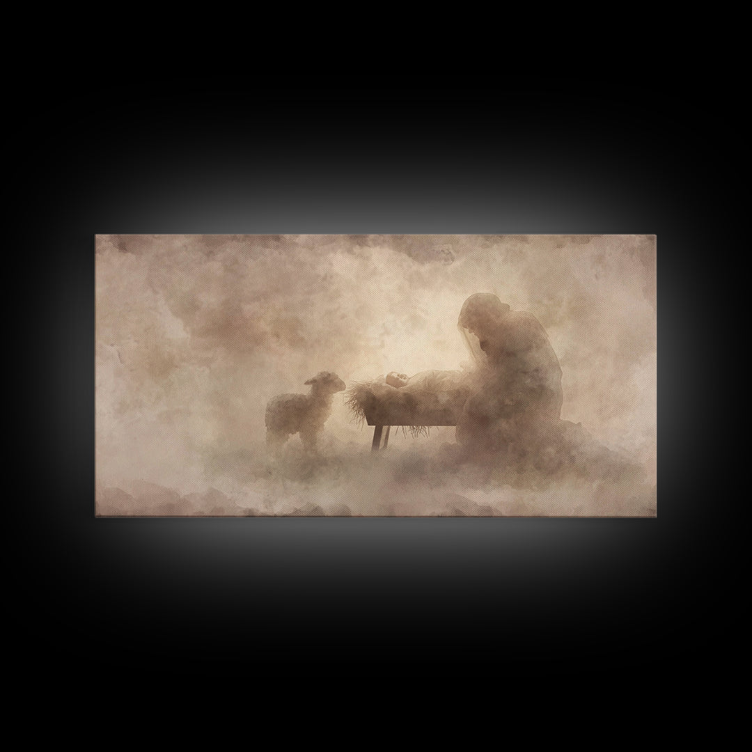 Holy Night Serenity, Framed Canvas Print, Christian Wall Art, Christian Art Canvas, Jesus Painting, Christian Christmas Art