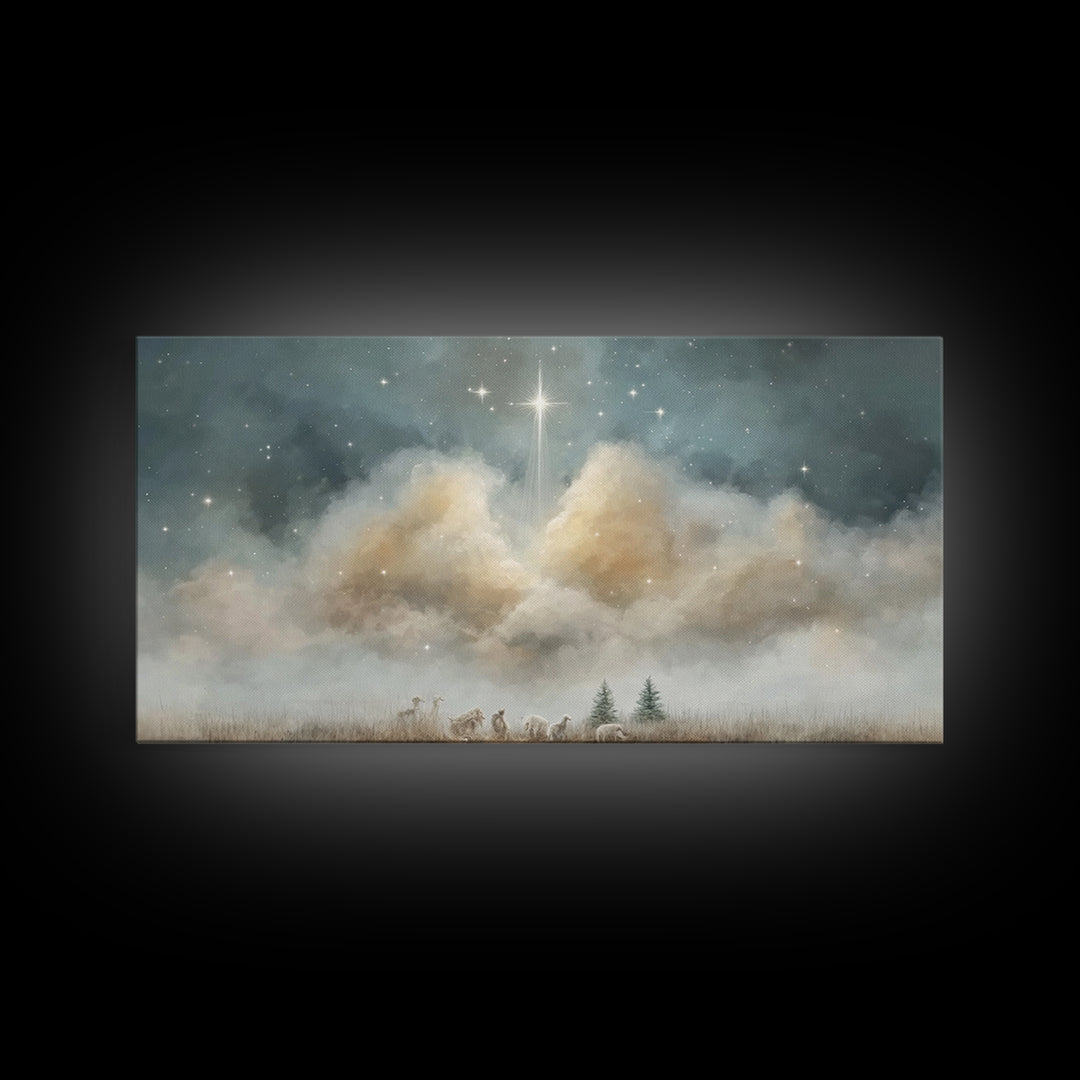 Shepherds Beneath Glory – Framed Canvas Print – Christian Christmas Art – Christian Art Work – Christmas Canvas Wall Art – Christian Decor