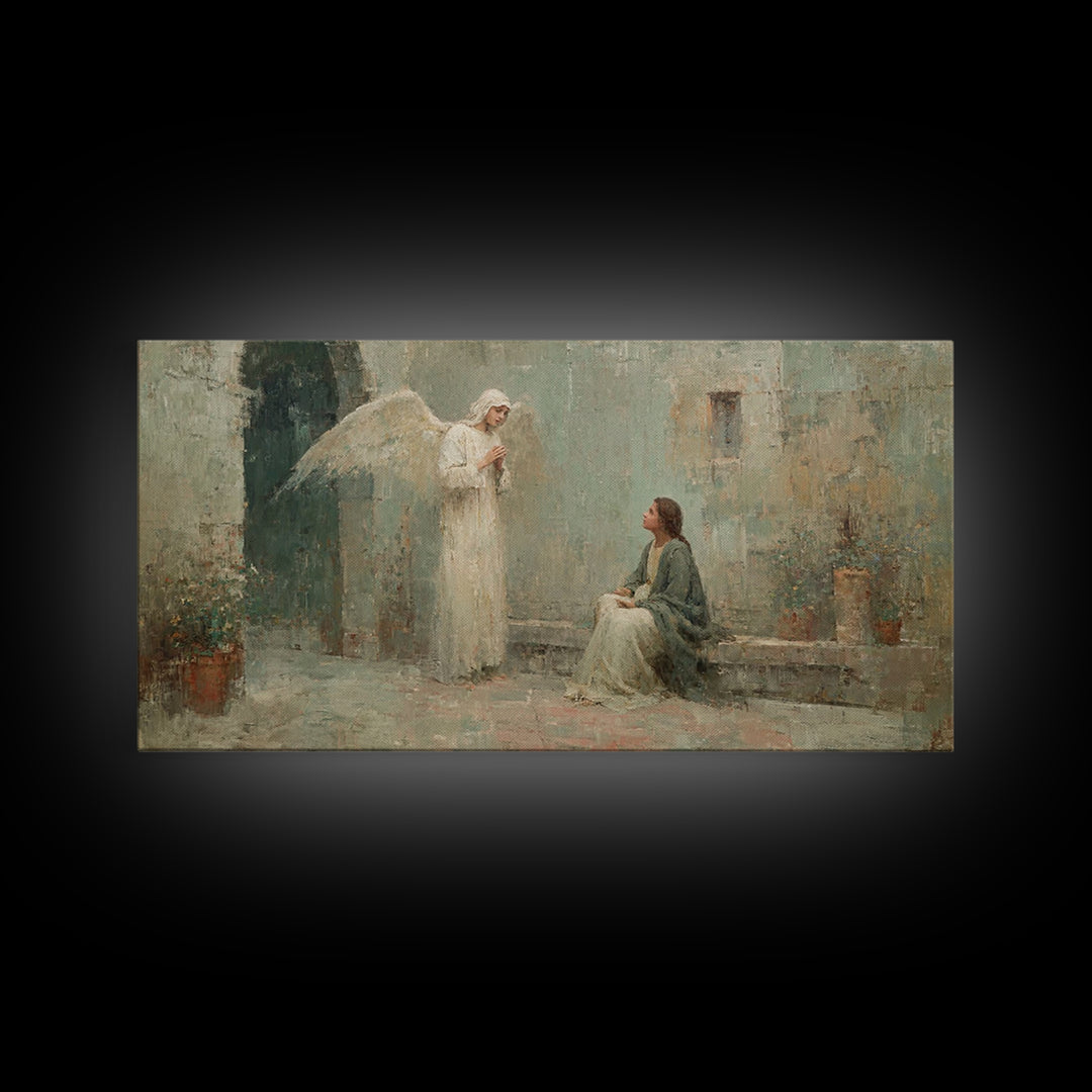 Courtyard Angel – Framed Canvas Print – Christian Art Canvas – Vintage Christian Art – Christian Wall Art – Christian Christmas Art
