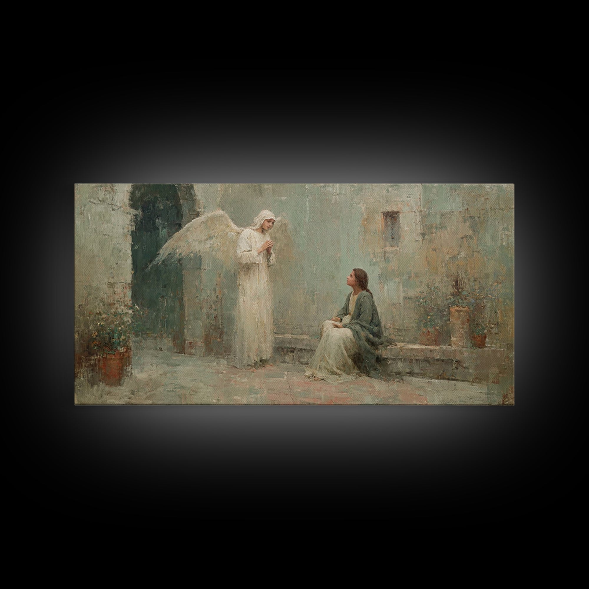 Courtyard Angel – Framed Canvas Print – Christian Art Canvas – Vintage Christian Art – Christian Wall Art – Christian Christmas Art