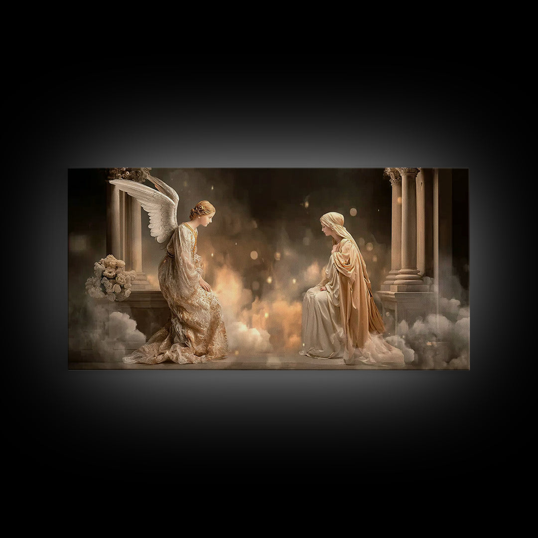 Golden Annunciation, Framed Canvas Print, Christian Wall Art, Jesus Painting, Christian Art Canvas, Christian Christmas Art, Christian Deco
