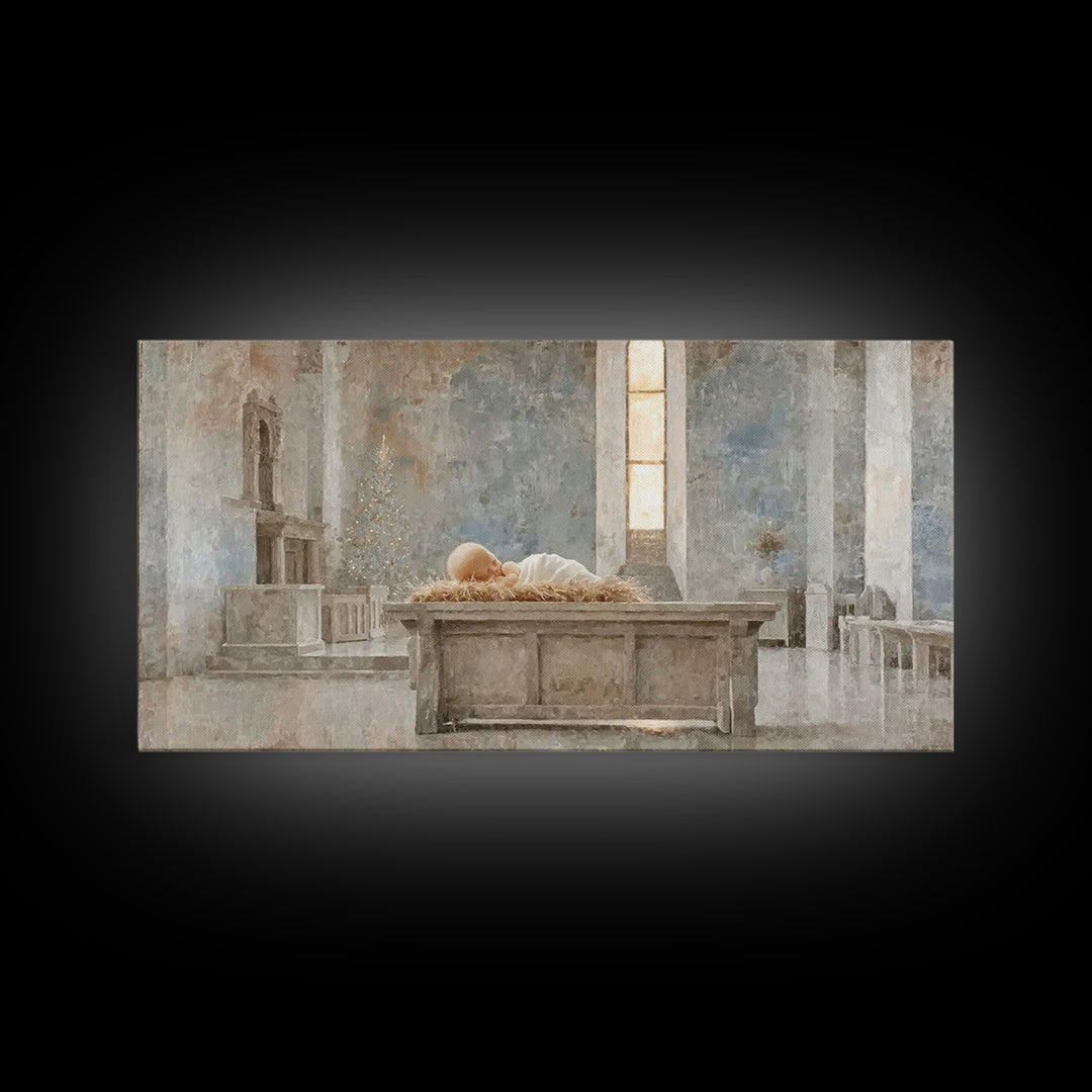 Sanctuary Manger Stillness | Framed Canvas Print | Christian Wall Art | Christian Art Canvas | Christian Christmas Art | Christmas Wall Art