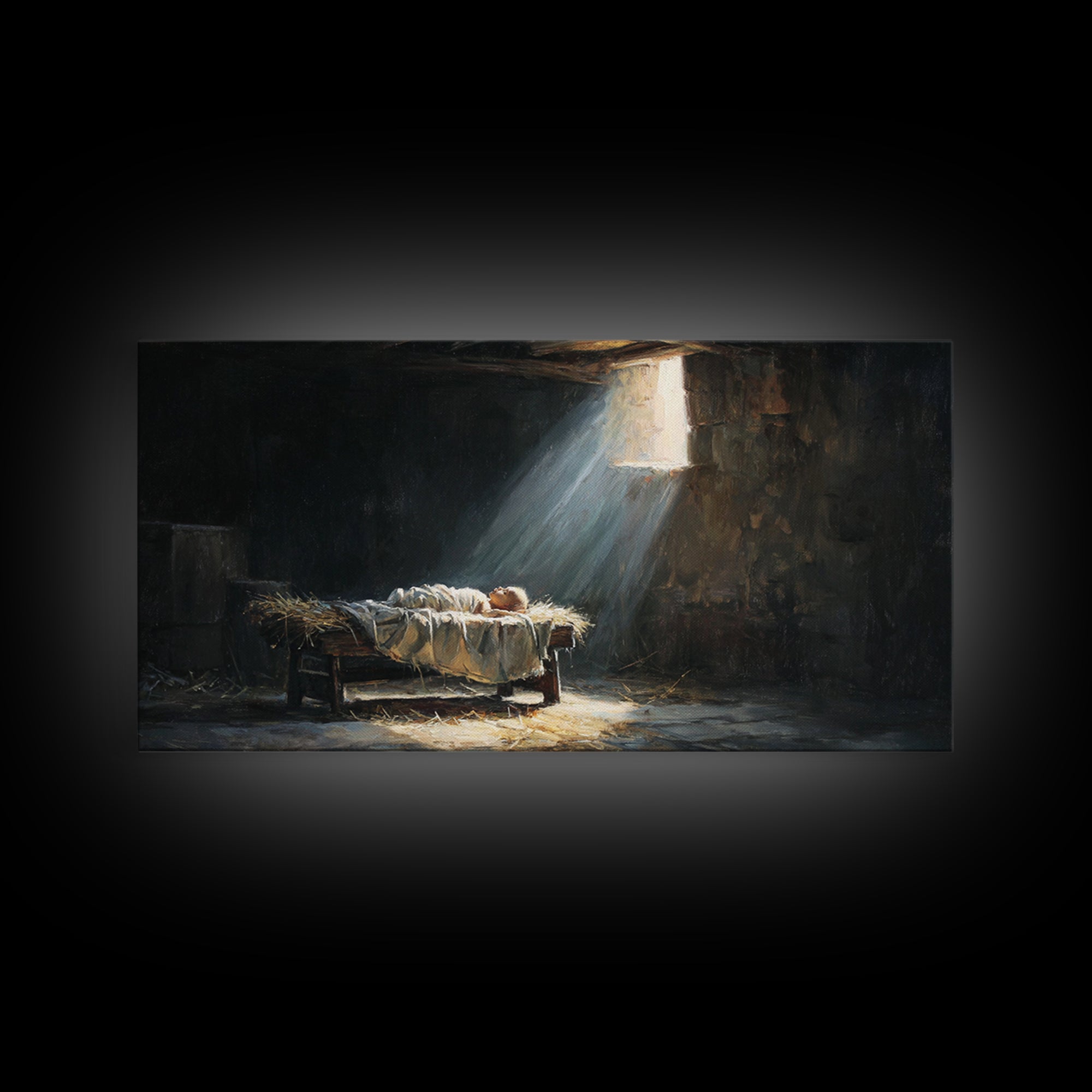 Manger Light Dawn | Framed Canvas Print | Christian Christmas Art | Christian Art Canvas | Christian Wall Art | Birth Of Jesus Painting | C