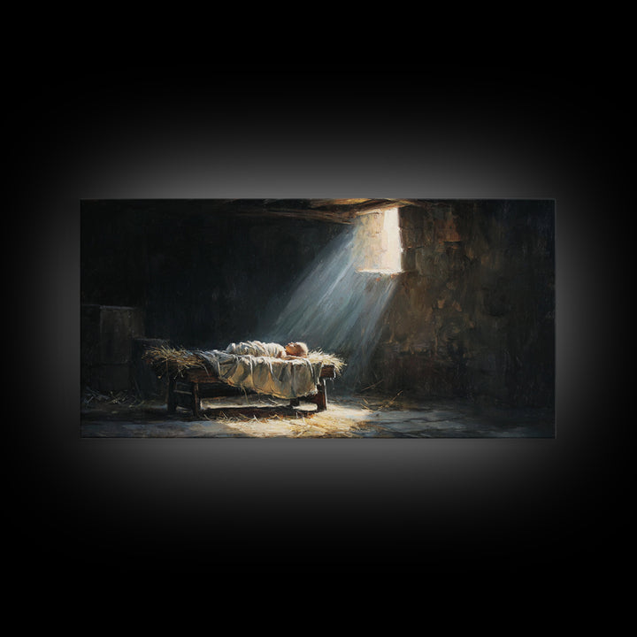 Manger Light Dawn | Framed Canvas Print | Christian Christmas Art | Christian Art Canvas | Christian Wall Art | Birth Of Jesus Painting | C