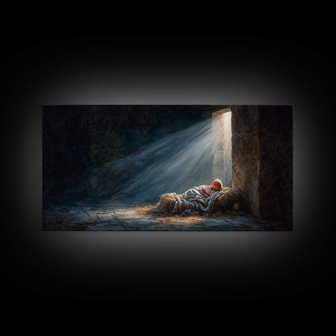 Manger Light Peace – Framed Canvas Print – Christian Art Canvas – Christmas Wall Art – Jesus Painting – Christian Christmas Art – Christian