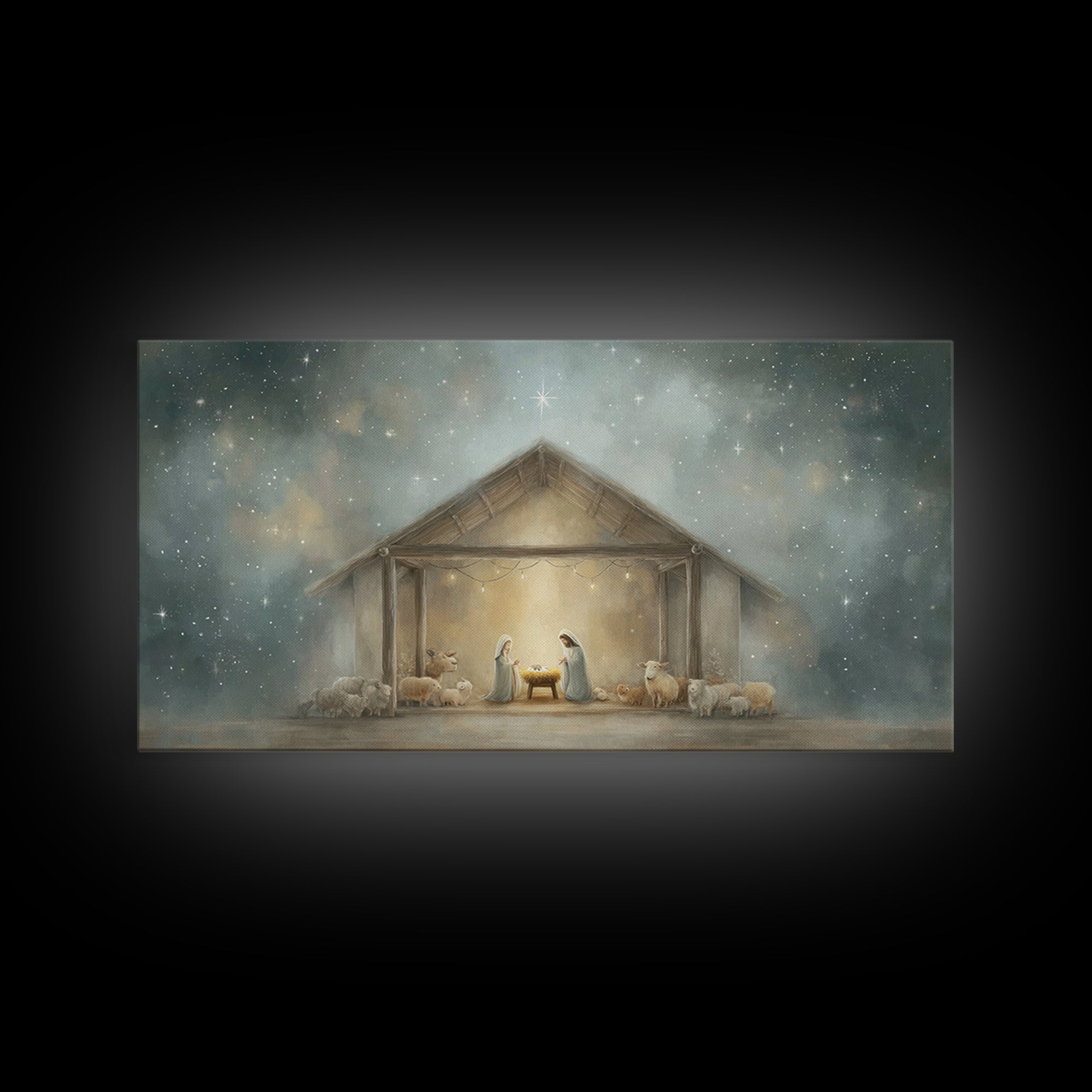 Holy Night Shelter – Framed Canvas Print – Christian Christmas Art – Framed Christmas Wall Art – Christian Art Canvas – Christmas Art Work
