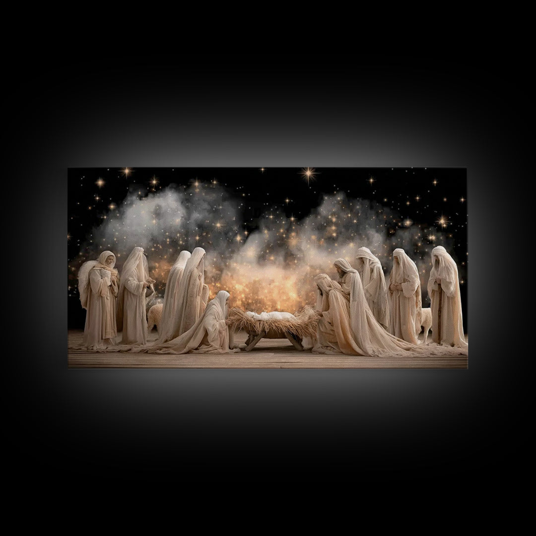 Angelic Midnight Glow – Framed Canvas Print – Christian Art Canvas – Jesus Painting – Christmas Art – Christian Christmas – Christian Decor