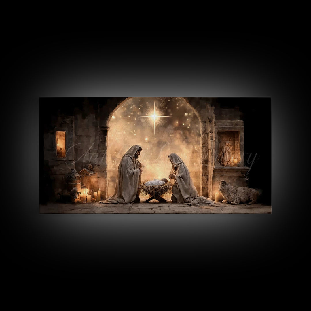 Radiant Manger Hope – Framed Canvas Print – Christian Christmas Art – Christian Art Canvas – Jesus Painting – Framed Christmas Art – Christ