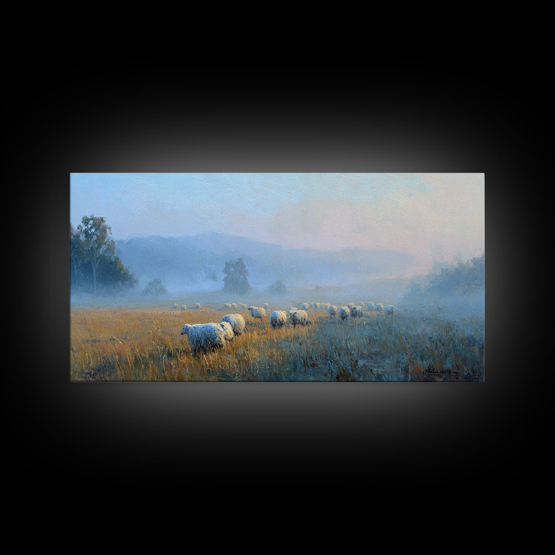 Misty Pastures – Framed Canvas Print – Christian Art – Christian Wall Art – Christian Art Canvas – Christian Art Painting – Large Christian
