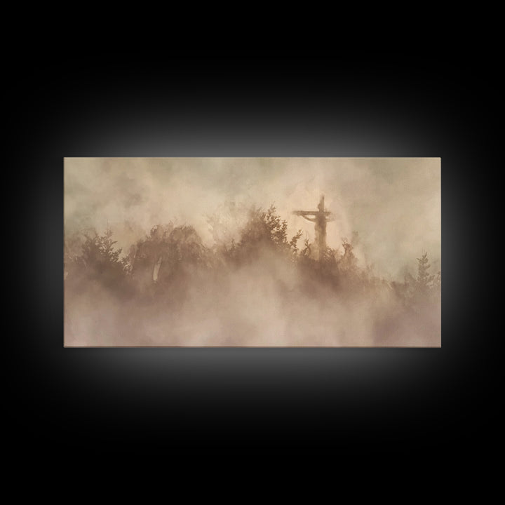 Cross In Mist – Framed Canvas Print – Christian Wall Art – Christian Art Canvas – Christian Art – Moody Christian Art – Christian Christmas