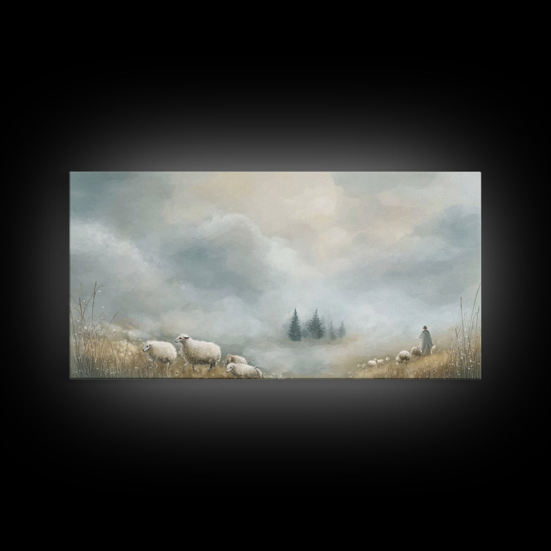 Dawn Meadow Peace, Framed Canvas Print, Christian Art Canvas, Christian Wall Art, Christian Christmas Art, Christian Decor, Jesus Painting