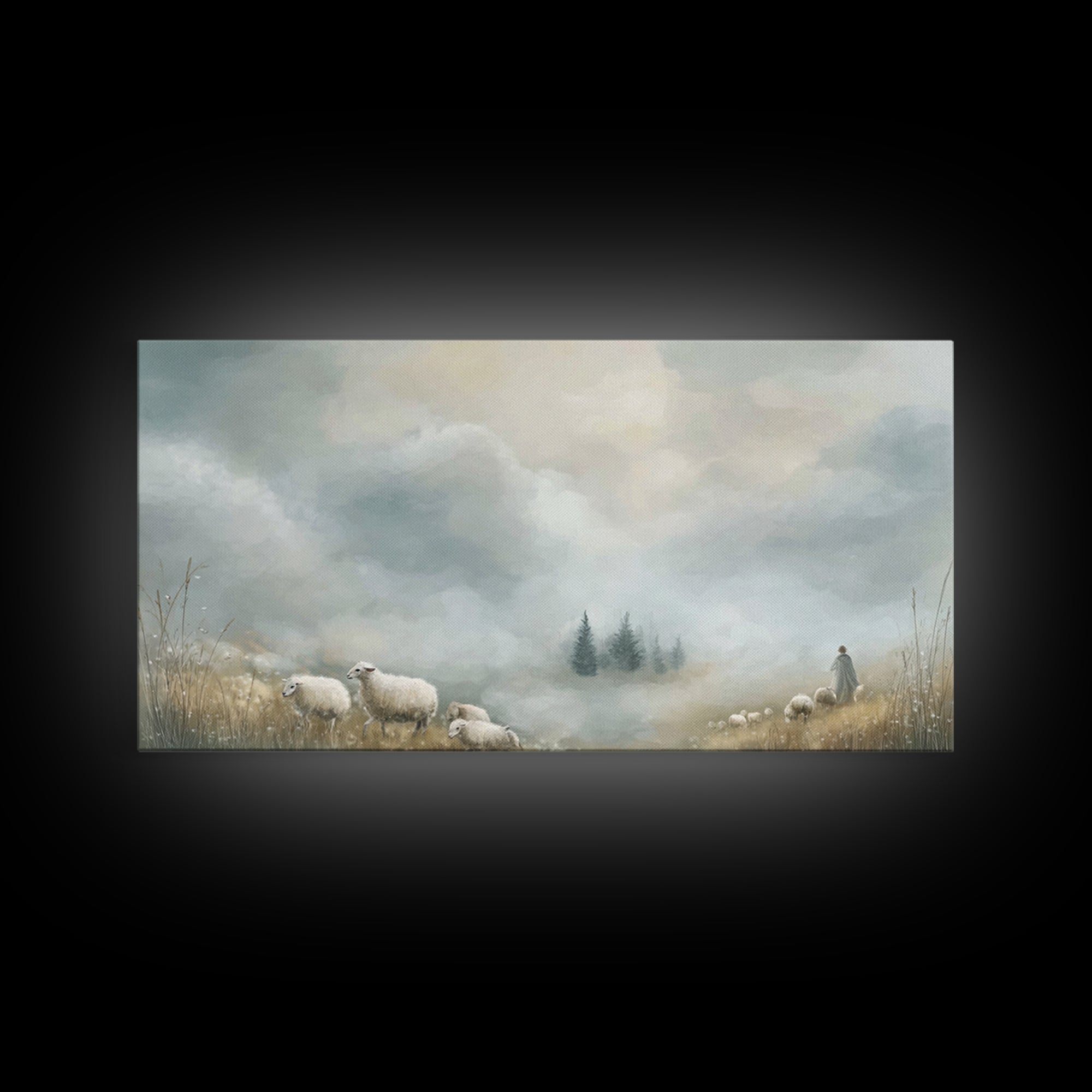 Dawn Meadow Peace, Framed Canvas Print, Christian Art Canvas, Christian Wall Art, Christian Christmas Art, Christian Decor, Jesus Painting