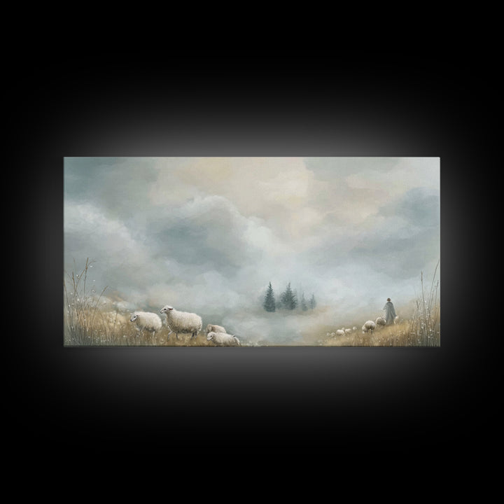 Dawn Meadow Peace, Framed Canvas Print, Christian Art Canvas, Christian Wall Art, Christian Christmas Art, Christian Decor, Jesus Painting