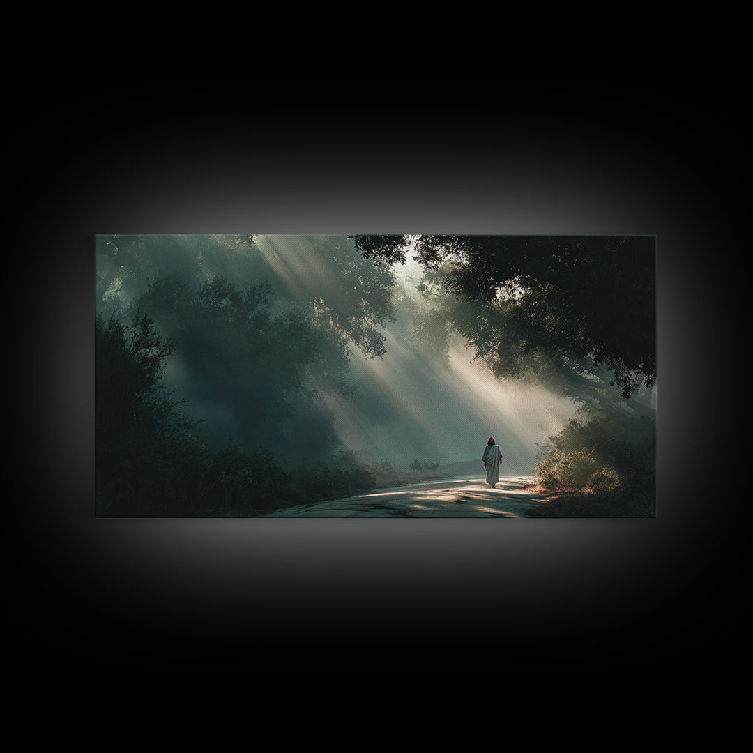 Forest Light Path | Framed Canvas Print | Jesus Painting | Christian Art Canvas | Christian Wall Art | Christian Christmas Art | Christian