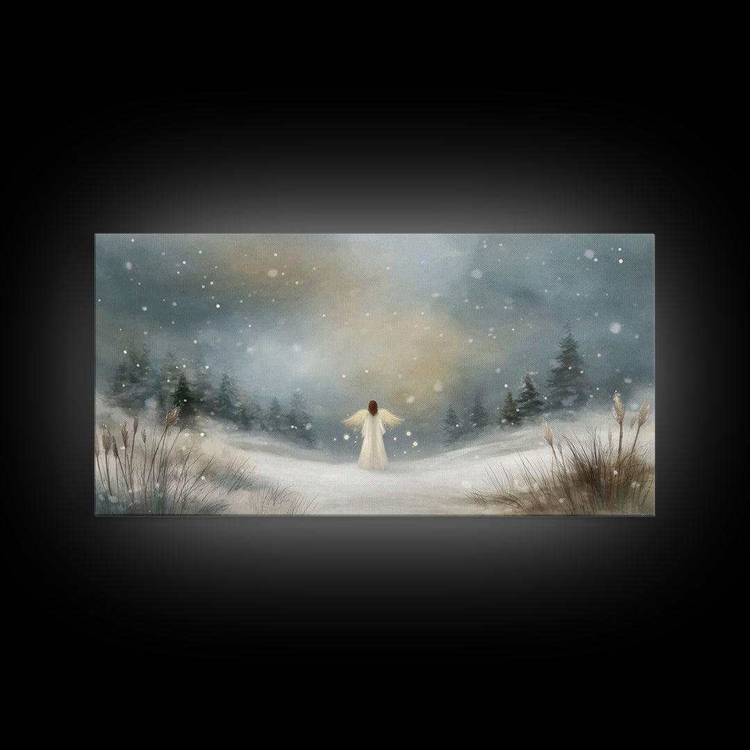 Angel In The Snow, Framed Canvas Print, Christmas Art Prints, Christian Wall Art, Angel Art, Moody Christmas Art