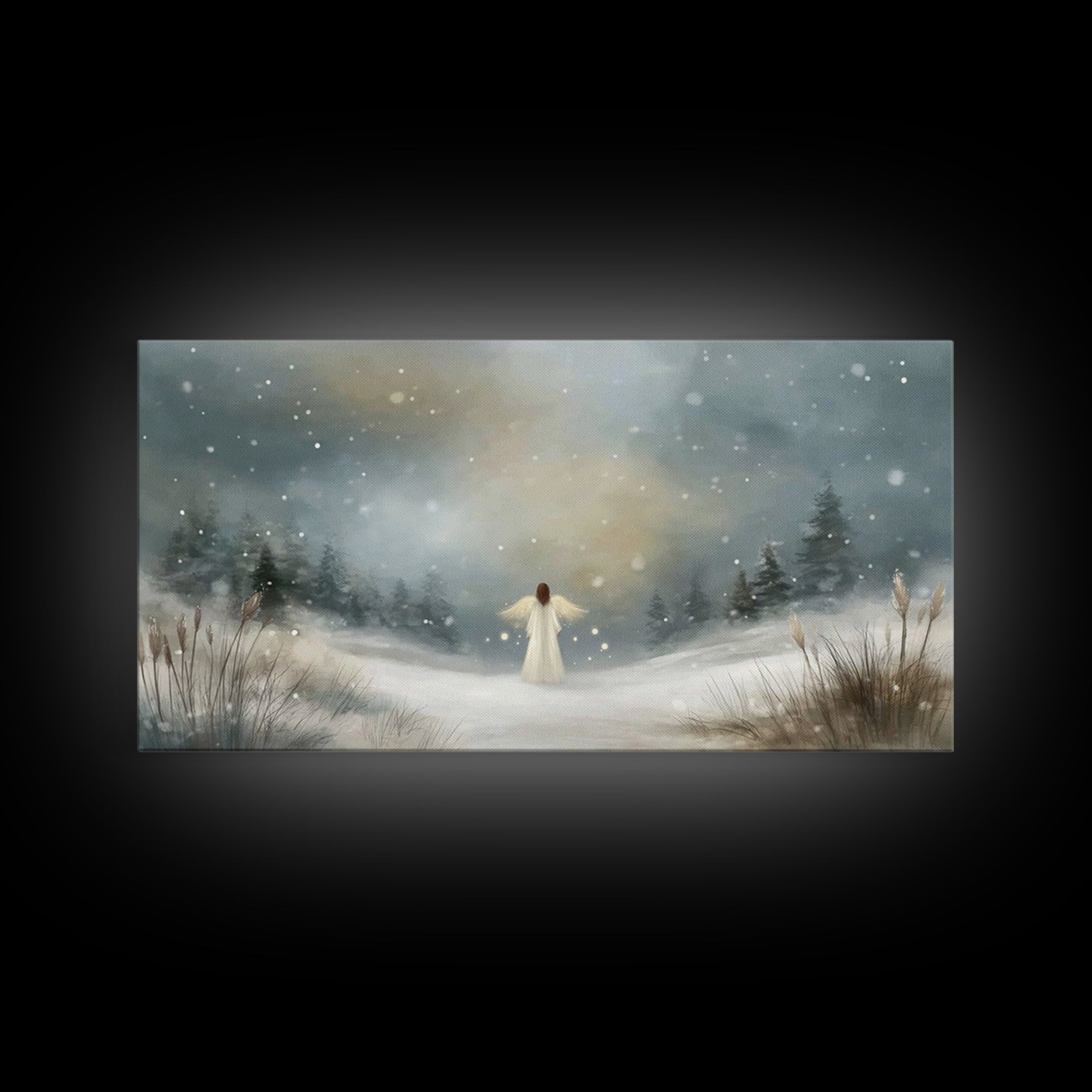 Angel In The Snow, Framed Canvas Print, Christmas Art Prints, Christian Wall Art, Angel Art, Moody Christmas Art
