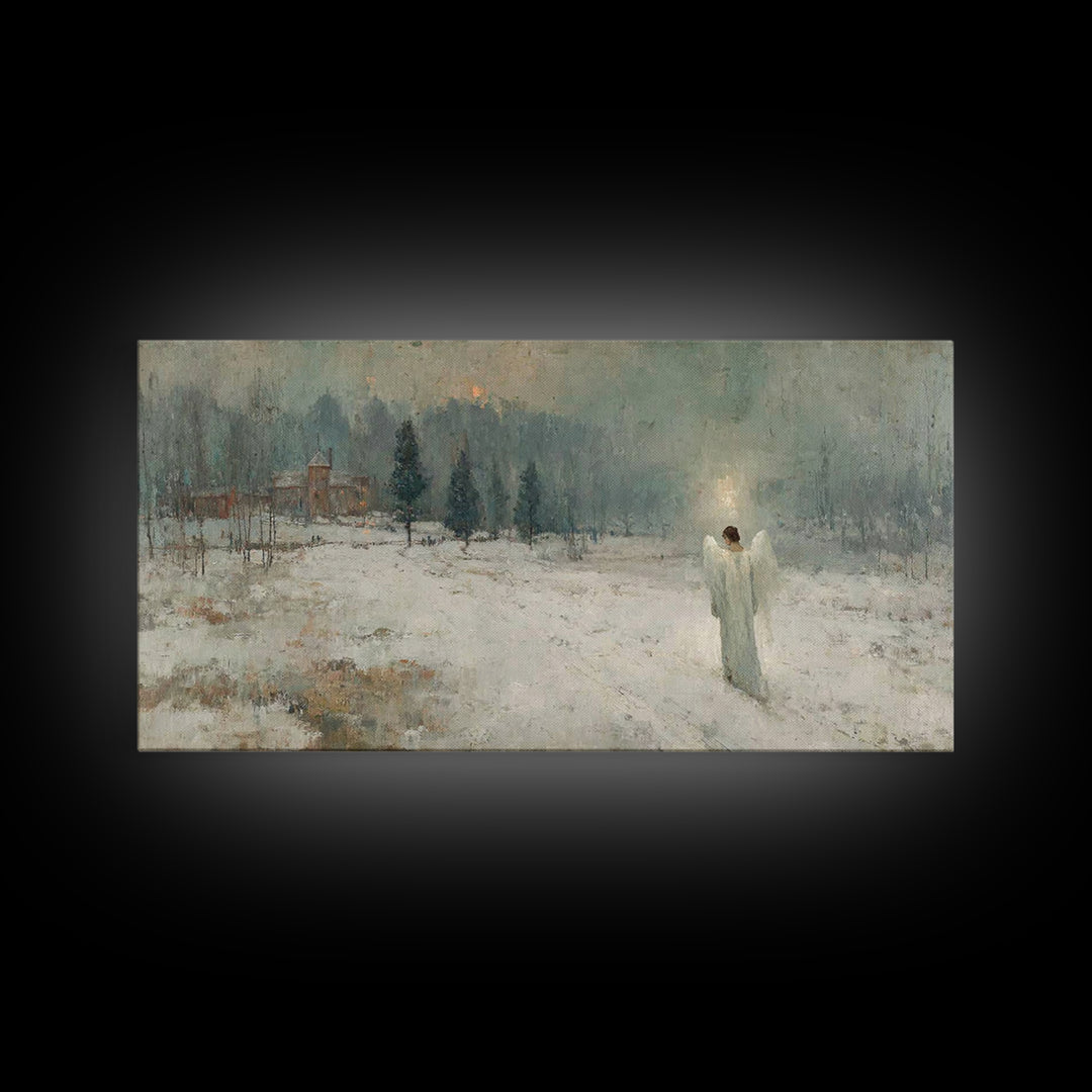 Winter Guardian Light – Framed Canvas Print – Christian Wall Art – Christian Art Canvas – Moody Christmas Art – Christian Christmas Decor –