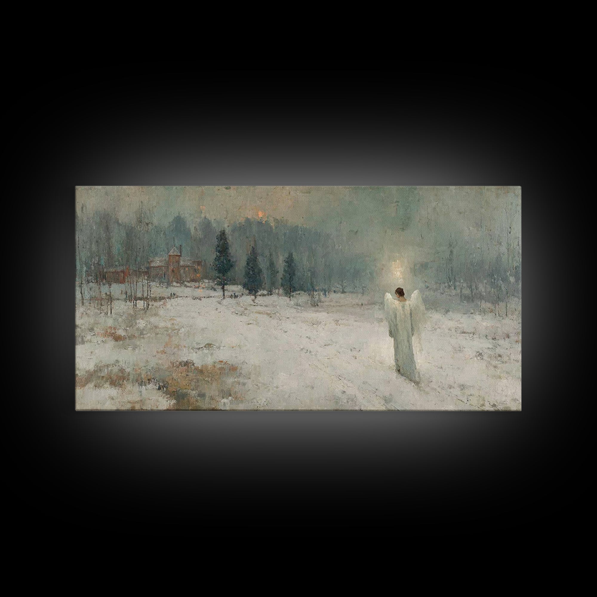 Winter Guardian Light – Framed Canvas Print – Christian Wall Art – Christian Art Canvas – Moody Christmas Art – Christian Christmas Decor –