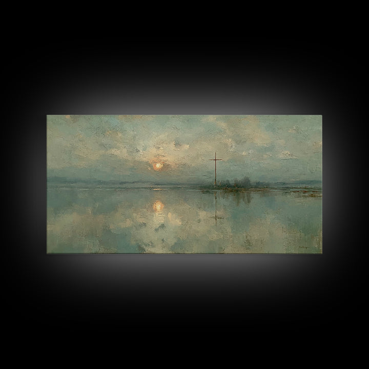 Silent Cross Reflection, Framed Canvas Print, Christian Art Canvas, Moody Christian Art, Christian Wall Art, Christmas Art, Christian Decor