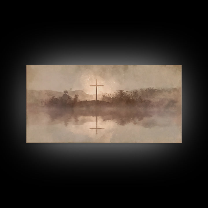 Misty Hill Cross | Framed Canvas Print | Christian Art Canvas | Moody Christian Art | Christian Wall Art | Christmas Art | Christian Decora