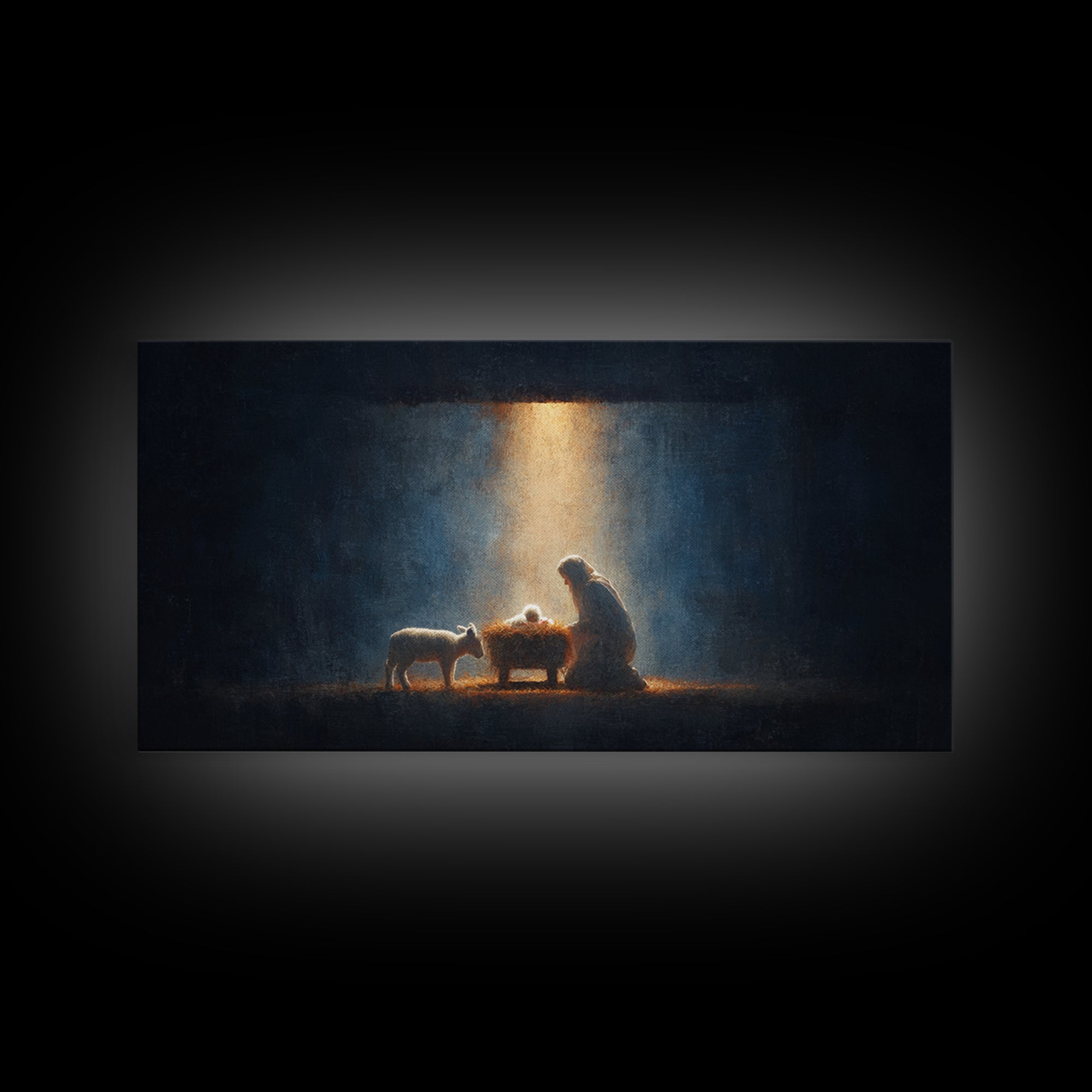 Midnight Manger Glow – Framed Canvas Print – Christian Art Canvas – Christian Wall Art – Jesus Painting – Christmas Art