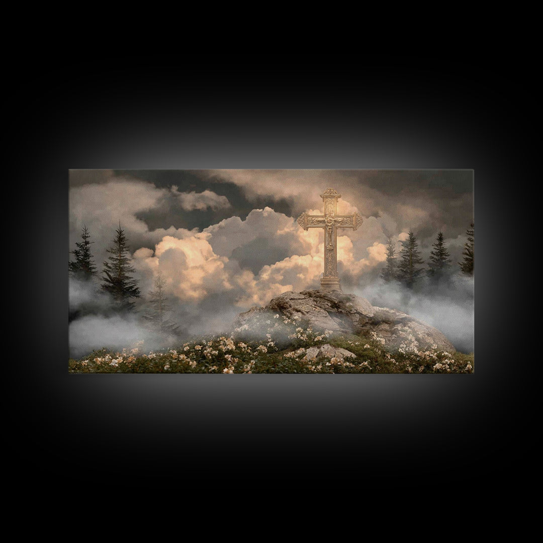 Golden Hill Cross – Framed Canvas Print – Christian Art Canvas – Christian Wall Art – Christian Painting – Large Christian Art