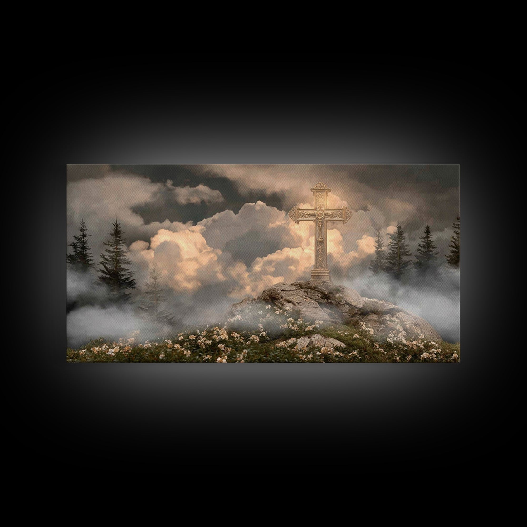 Golden Hill Cross – Framed Canvas Print – Christian Art Canvas – Christian Wall Art – Christian Painting – Large Christian Art
