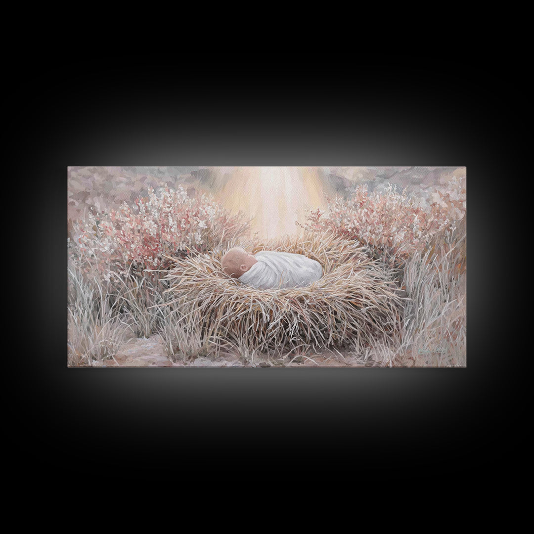 Sacred Straw Cradle – Framed Canvas Print – Christian Art Print – Christmas Art – Christian Wall Art – Jesus Painting – Christian Christmas